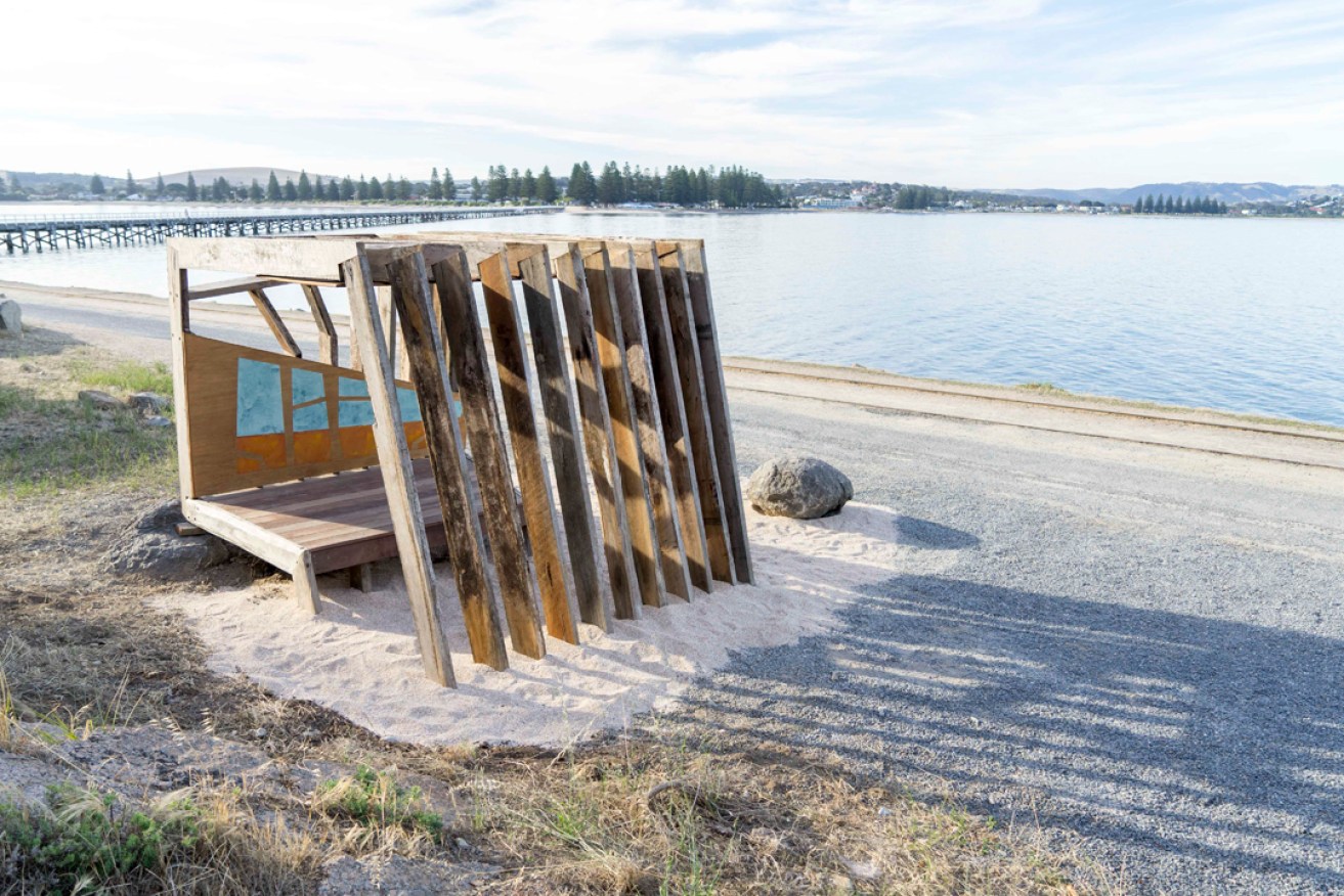 Hamish McMillan's 'Bystander', one of the temporary sculptures installed on Granite Island. Photo: Mike Moore