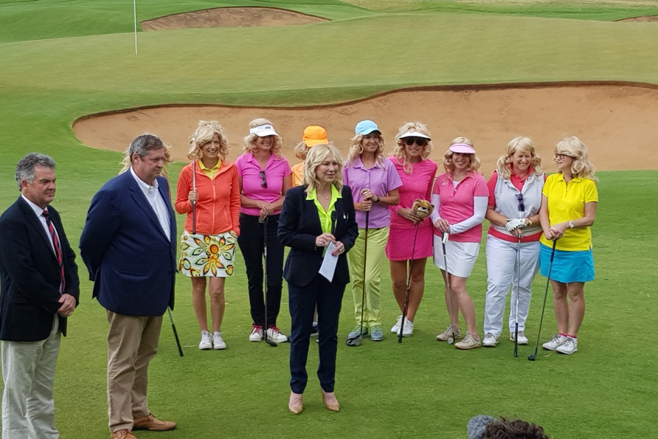 Kooyonga Gold Club captain Ken Russell and Golf Australian CEO Stephen Pitt join Kerri-Anne Kennerley and her lookalikes. Photo: Andrew Spence / The Lead