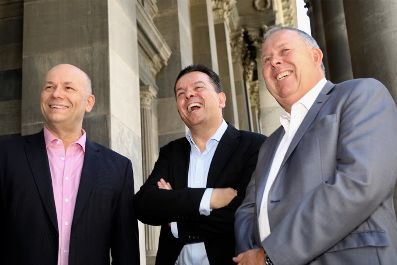 Nick Xenophon with star candidates Kris Hanna and Gary Johanson. Photo: Tony Lewis / InDaily