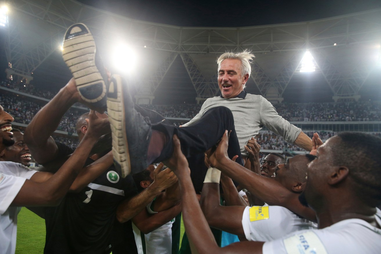Bert van Marwijk is thrown into the air by Saudi Arabian players after winning a World Cup qualifying match against Japan last September.  AP photo