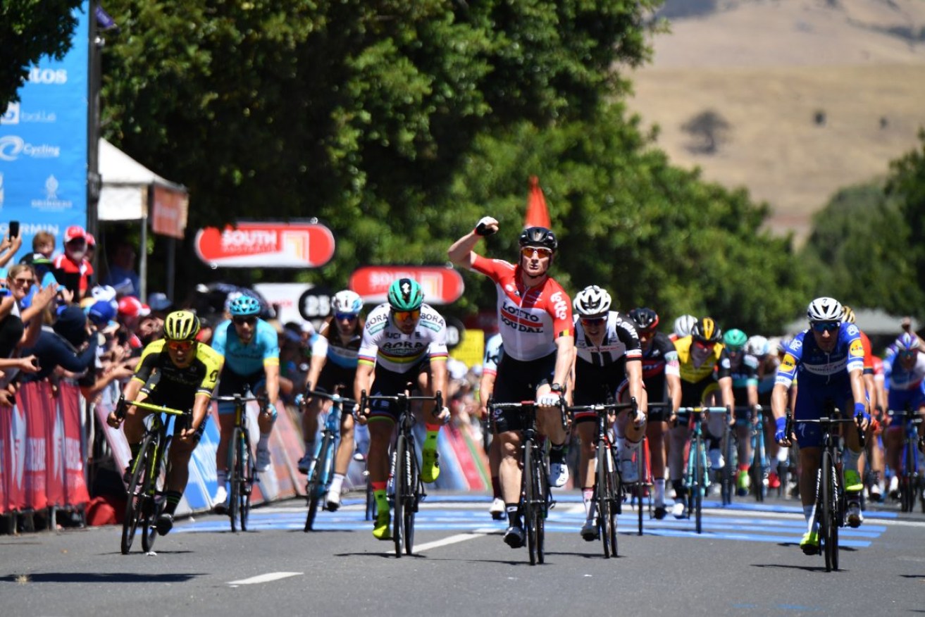 Andre Greipel of team Lotto Soudal wins stage one of the Tour Down Under from Port Adelaide to Lyndoch. Photo: AAP/David Mariuz