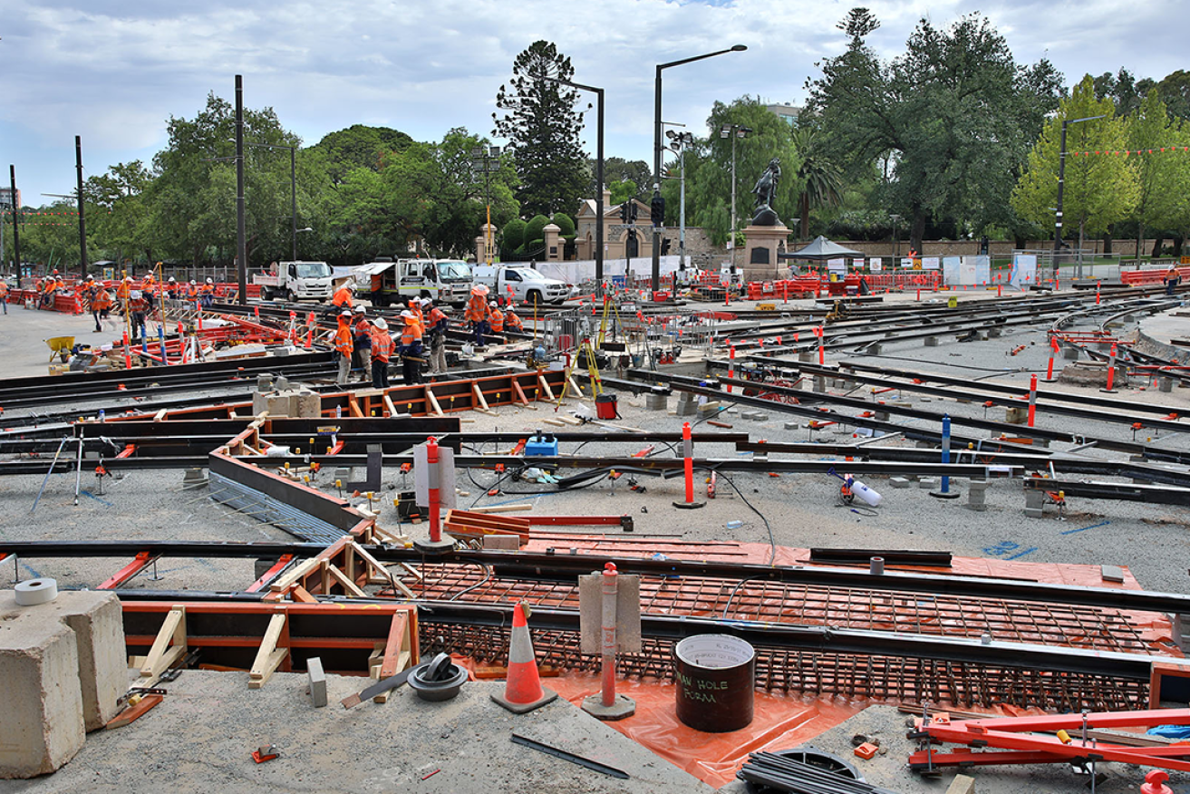 Recent tram works on North Tce. A new rating system for SA products will be trialled in the construction sector.
