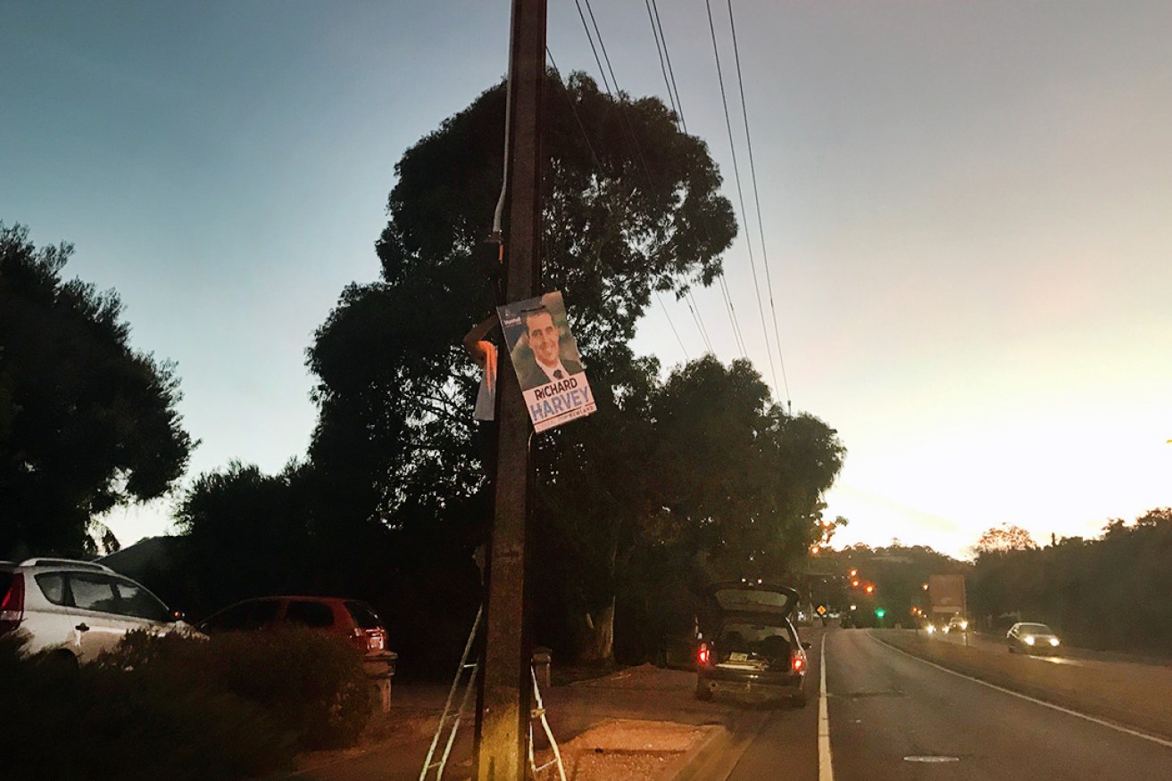 A Labor campaigner took this picture of a poster for Liberal candidate Richard Harvey going up at dawn today. 