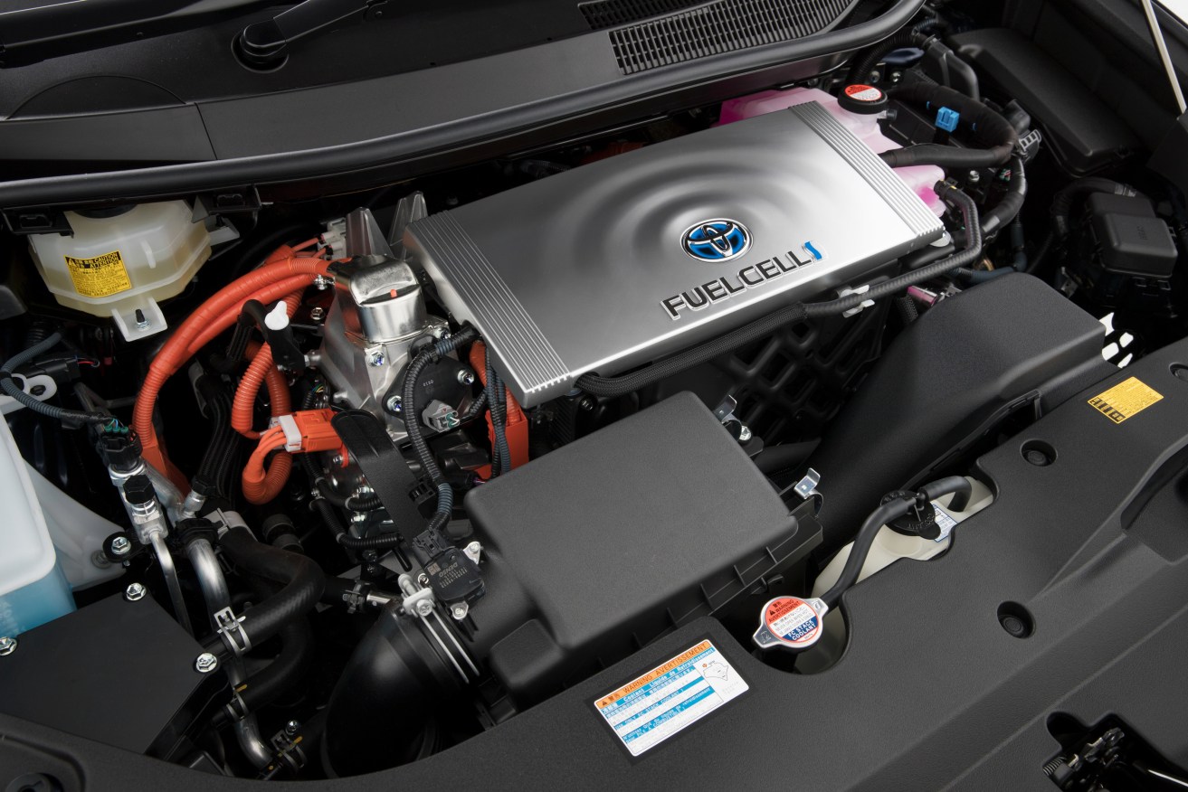 Under the bonnet of a Toyota Mirai hydrogen fuel cell-powered car. Photo: AAP/Toyota