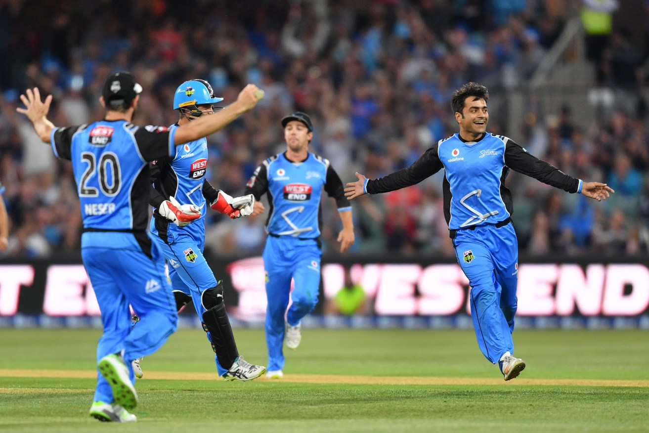 Rashid Khan of the Adelaide Strikers (far right) celebrates another BBL wicket. Photo: AAP/David Mariuz