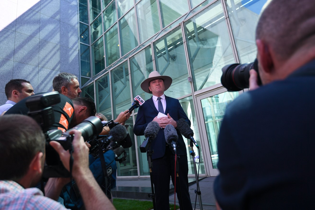 Barnaby Joyce at his incendiary press conference today. Photo: AAP/Lukas Coch