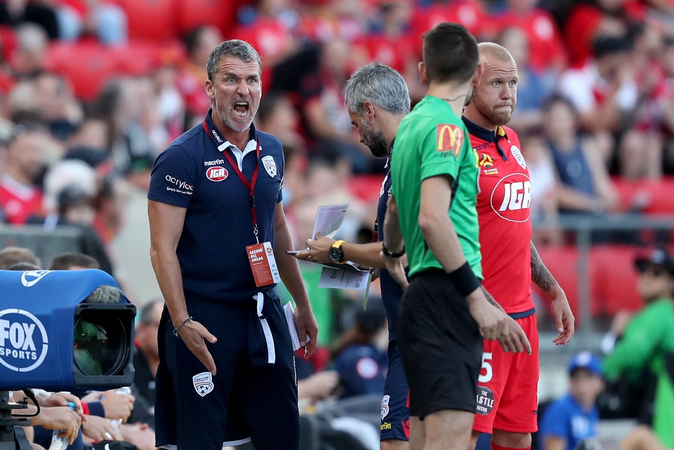 Frustrated Adelaide United coach Marco Kurz during last weekend's matach against the Mariners. Photo: AAP/James Eslby