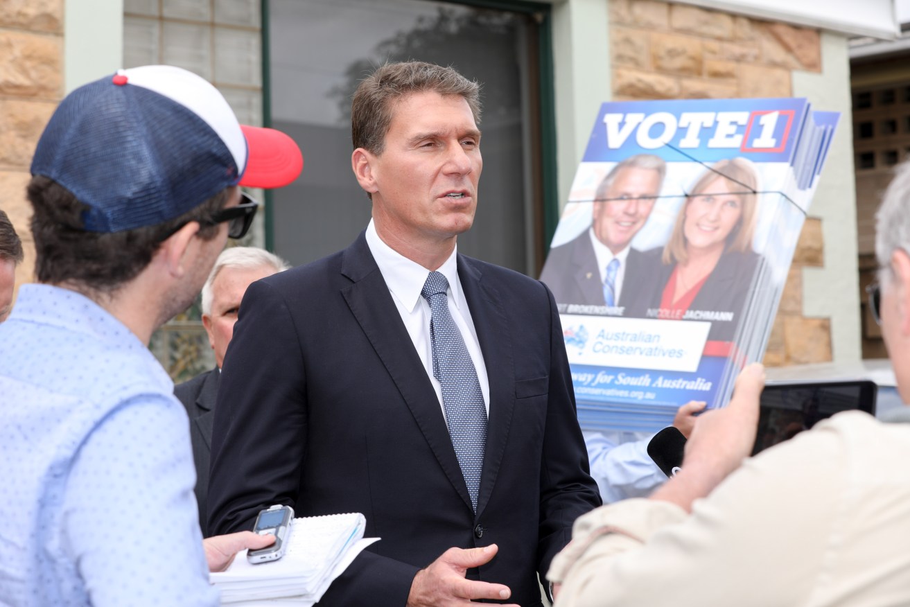 Australian Conservatives leader Cory Bernardi talks to journalists outside his campaign launch on Sunday. Photo: AAP/Russell Millard