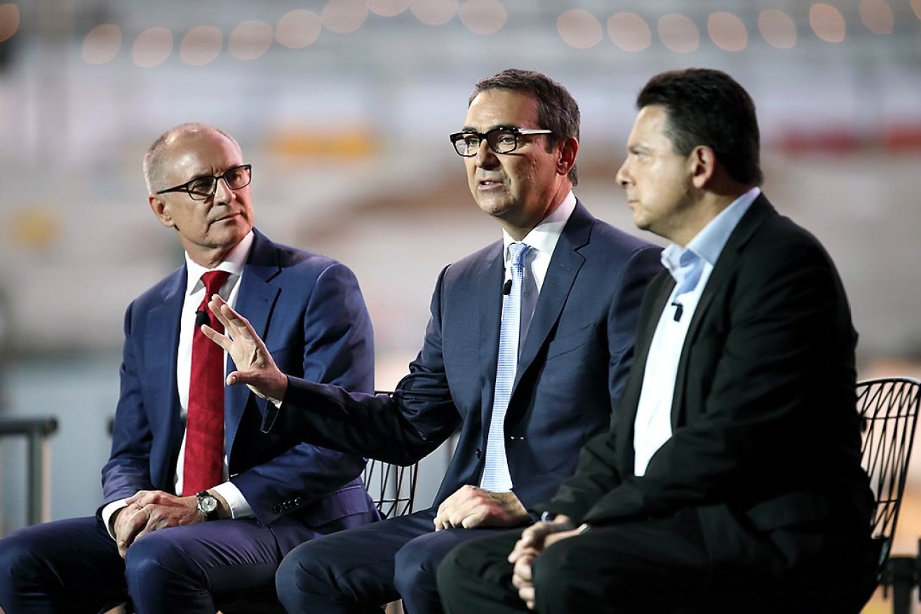 Jay Weatherill, Steven Marshall and Nick Xenophon at an ABC leaders' debate held on the banks of the Torrens. Photo: Tony Lewis/InDaily