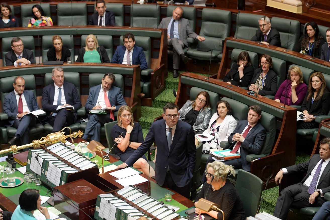 A file image of the Victorian Parliament, with Premier Daniel Andrews on his feet. Photo: AAP/Tracey Nearmy