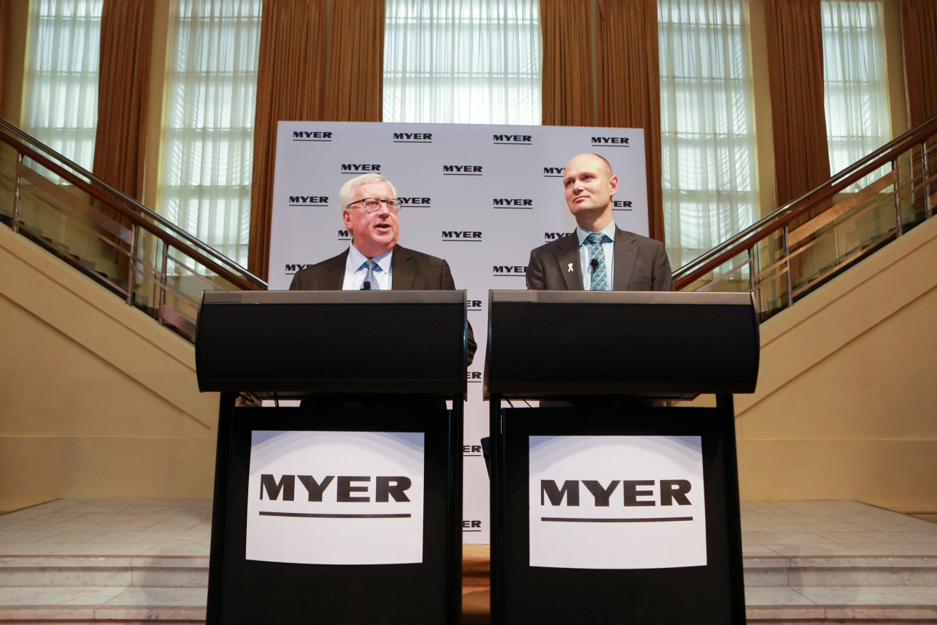 Myer chairman Garry Hounsell (left) with then CEO Richard Umbers at the retailer's annual general meeting late last year. Photo: AAP/Wayne Taylor
