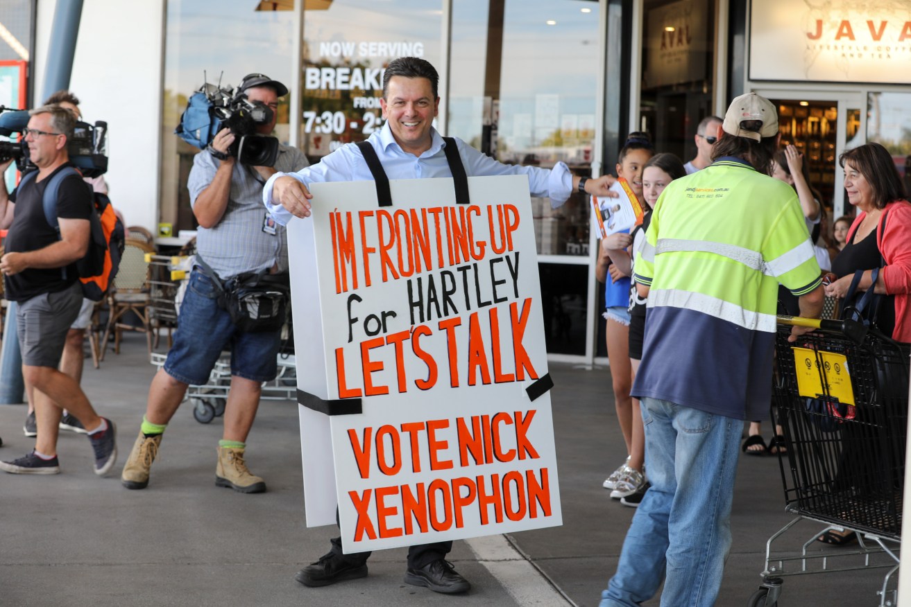 Nick Xenophon launching his Hartley election campaign at Newton shopping centre. Photo: Russell Millard / AAP