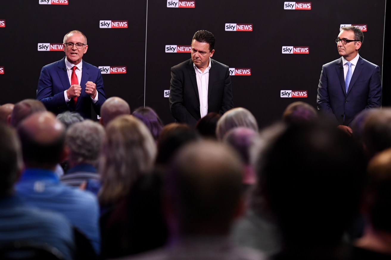 The three party leaders at a SkyNews debate last night - one of so very many in this campaign. Photo: AAP/Tracey Nearmy