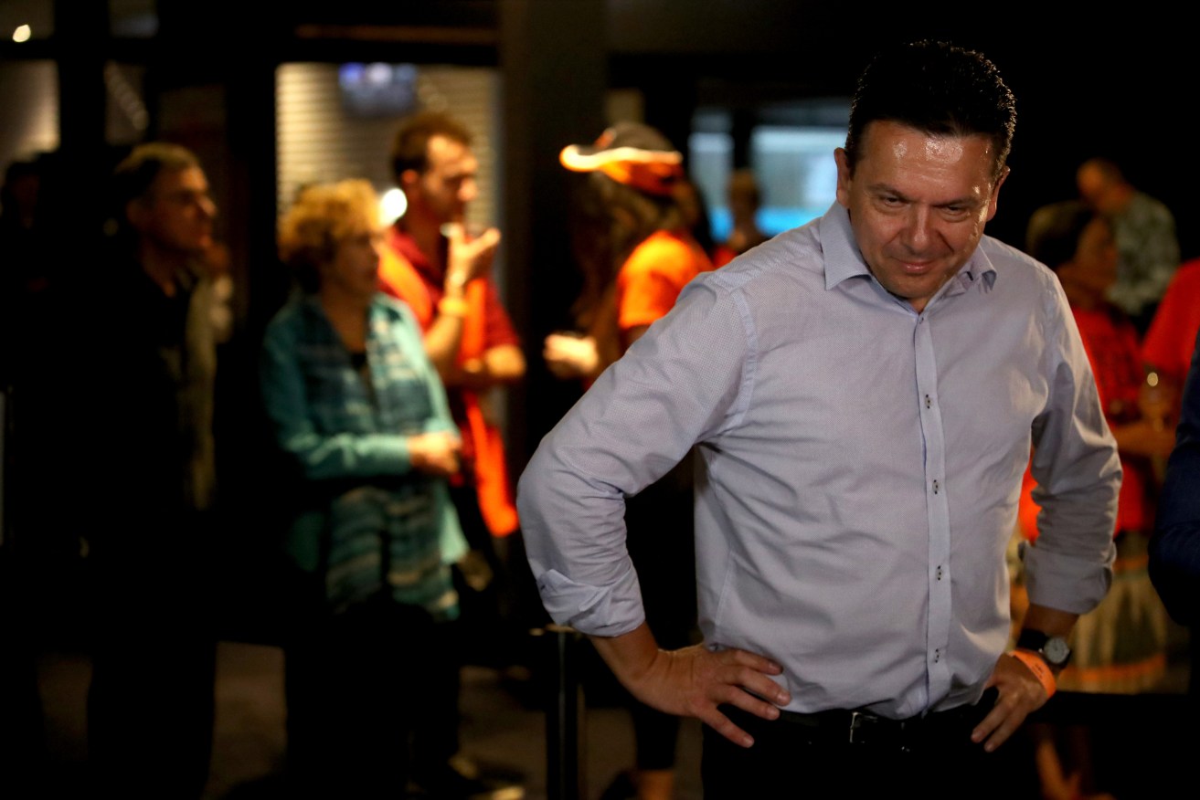 Vanquished SA-Best leader Nick Xenophon at his party's election night reception. Photo: AAP/Kelly Barnes