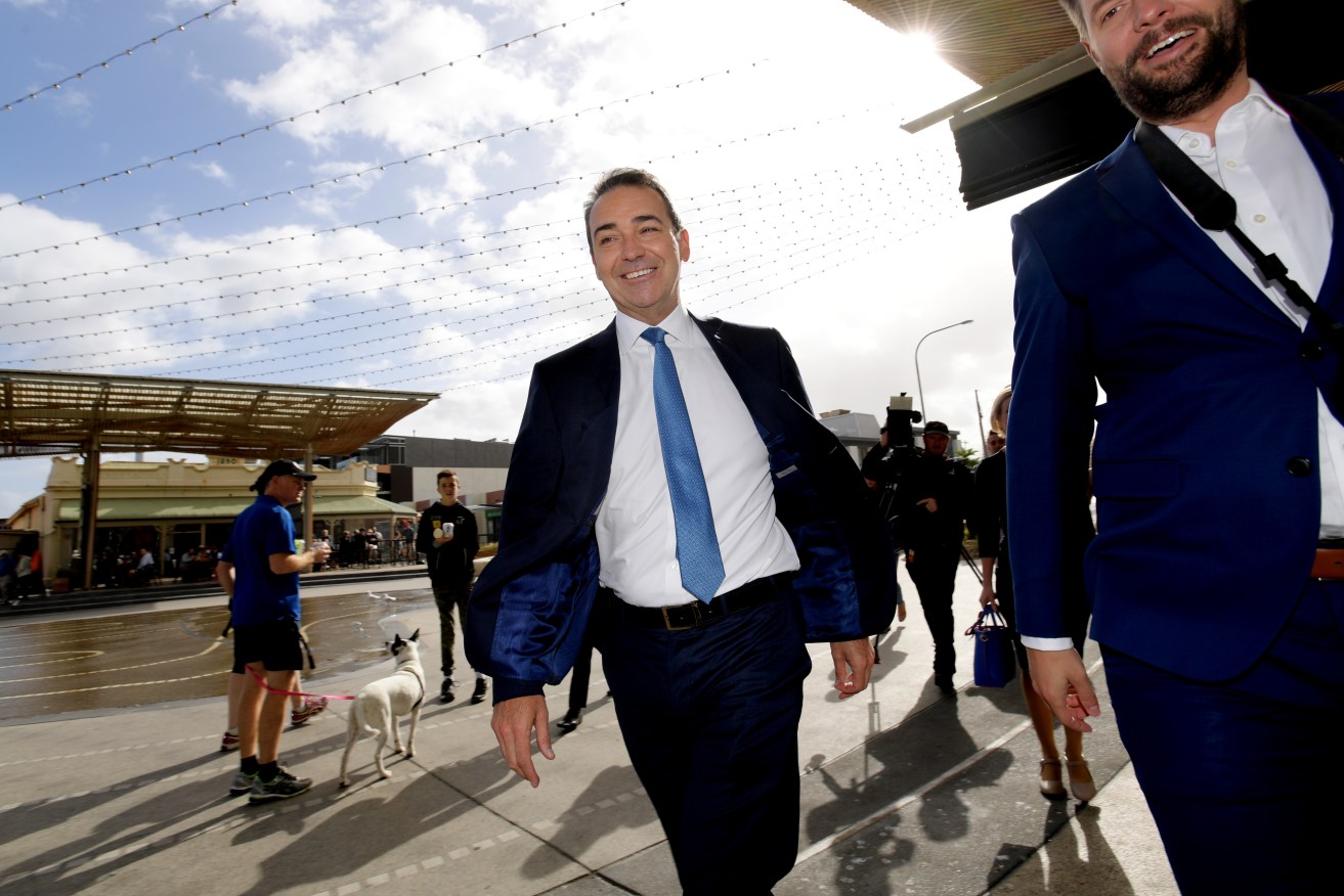 Steven Marshall leaves his first press conference as Premier. Photo: Tracey Nearmy / AAP