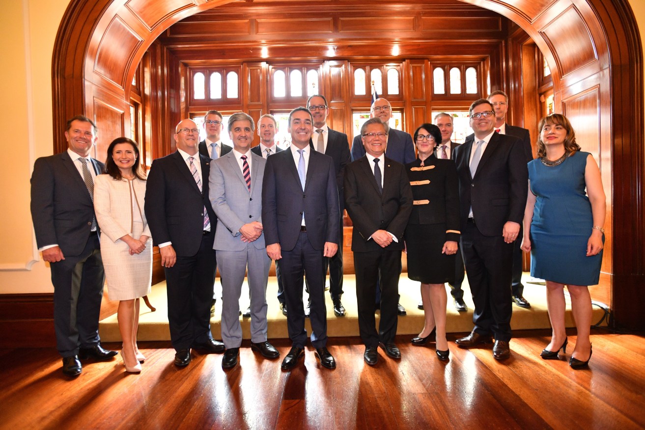 Steven Marshall's new cabinet after being sworn in at Government House. Photo: AAP/David Mariuz