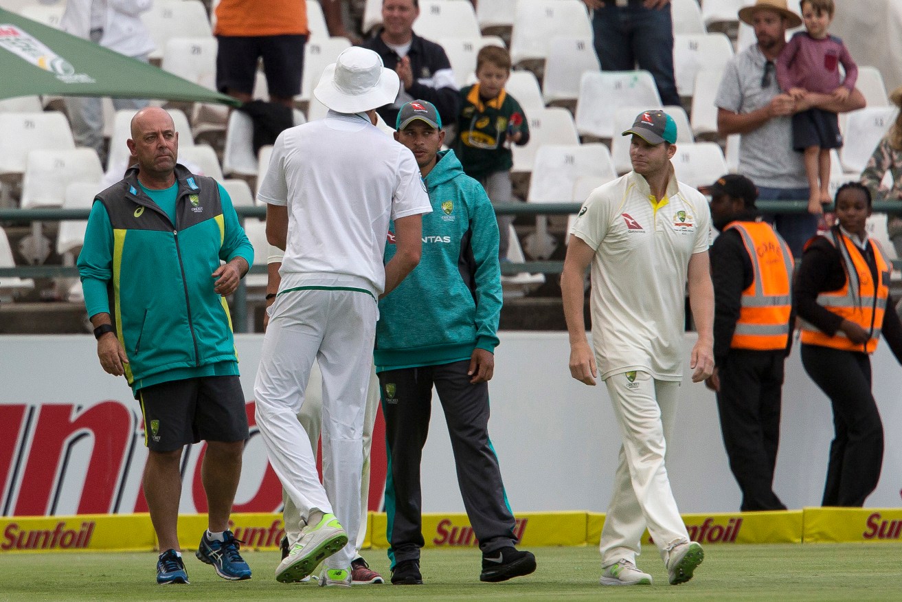 Australian team coach Darren Lehmann (left) after the third Test in South Africa. Photo: AP/Halden Krog