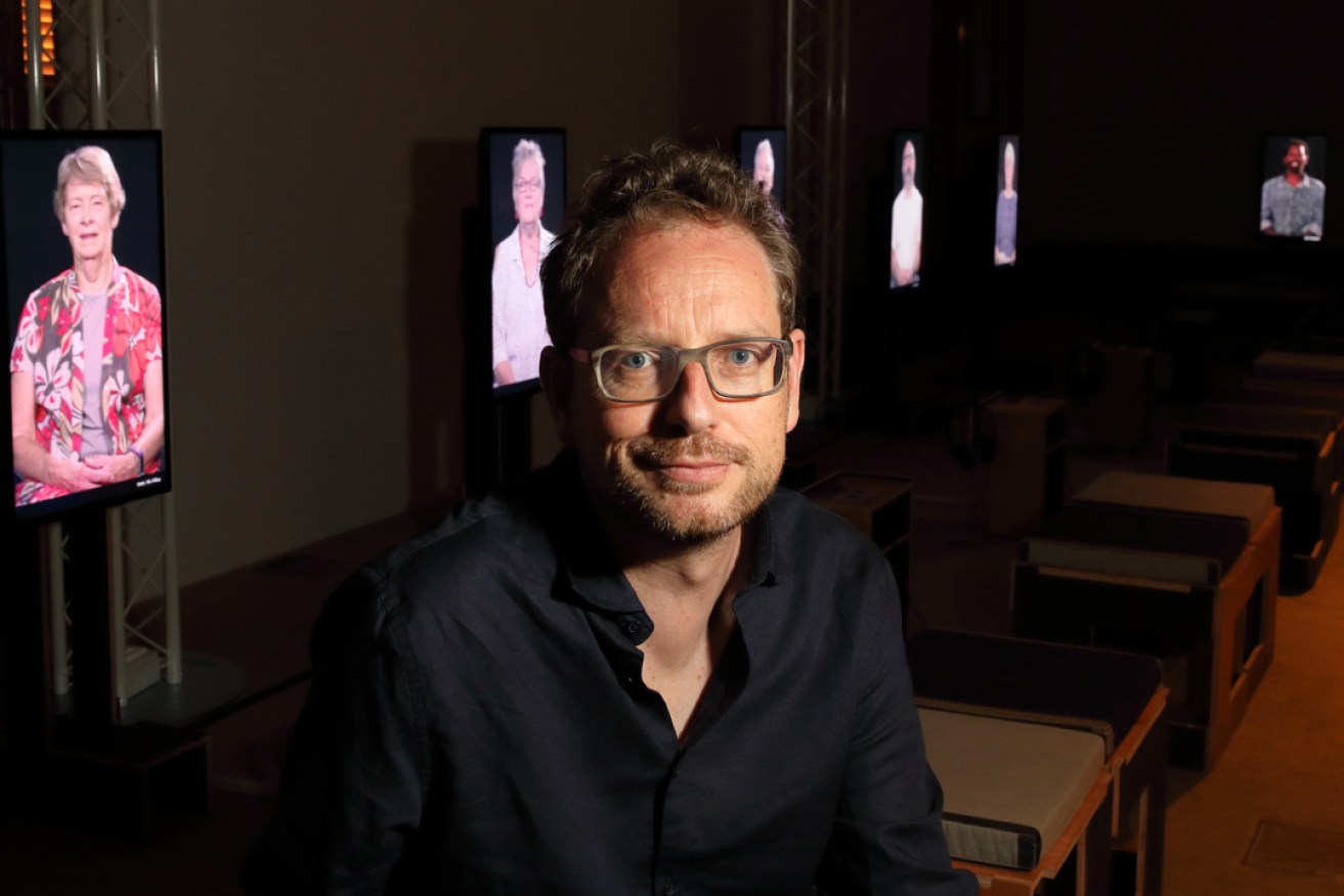 Mats Staub with his video installation at the Institute Building. Photo: Tony Lewis / Adelaide Festival 
