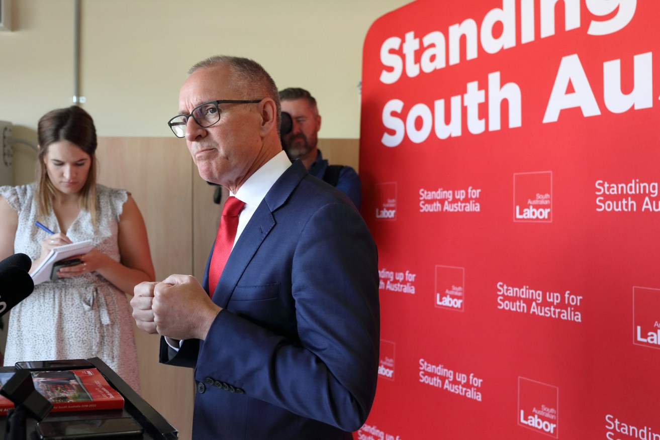 Jay Weatherill at the scene of his confrontation with Josh Frydenberg in a garage at West Beach for the final press conference of the election campaign. Photo: Tony Lewis / InDaily