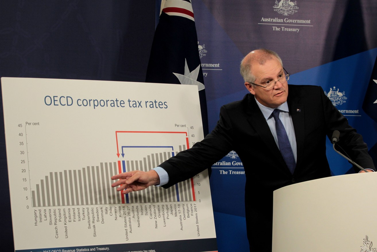 Federal Treasurer Scott Morrison during one of the Goverment's many attempts to sell its corporate tax cuts. Photo: AAP/Ben Rushton