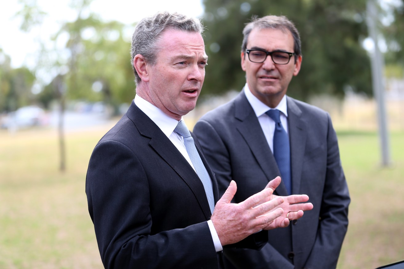 Minister for Defence Industry Christopher Pyne with Steven Marshall earlier this year.  Photo: AAP/Kelly Barnes
