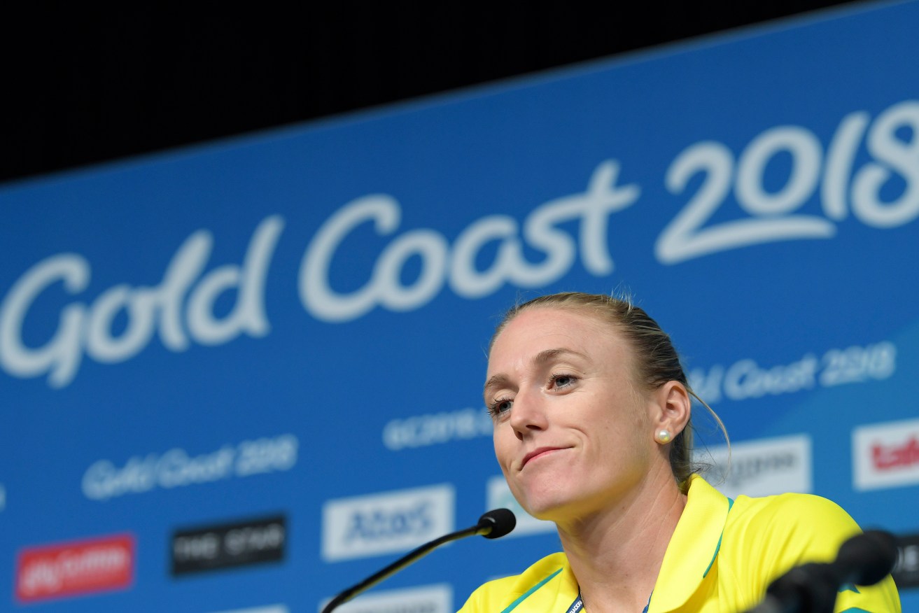 Sally Pearson announcing her withdrawal from Games competition today. Photo: AAP/Tracey Nearmy