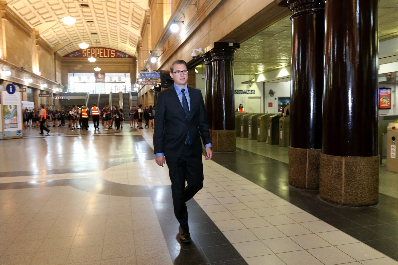 Transport Minister Stephen Knoll at the Adelaide Railway station today. Photo: AAP/Kelly Barnes