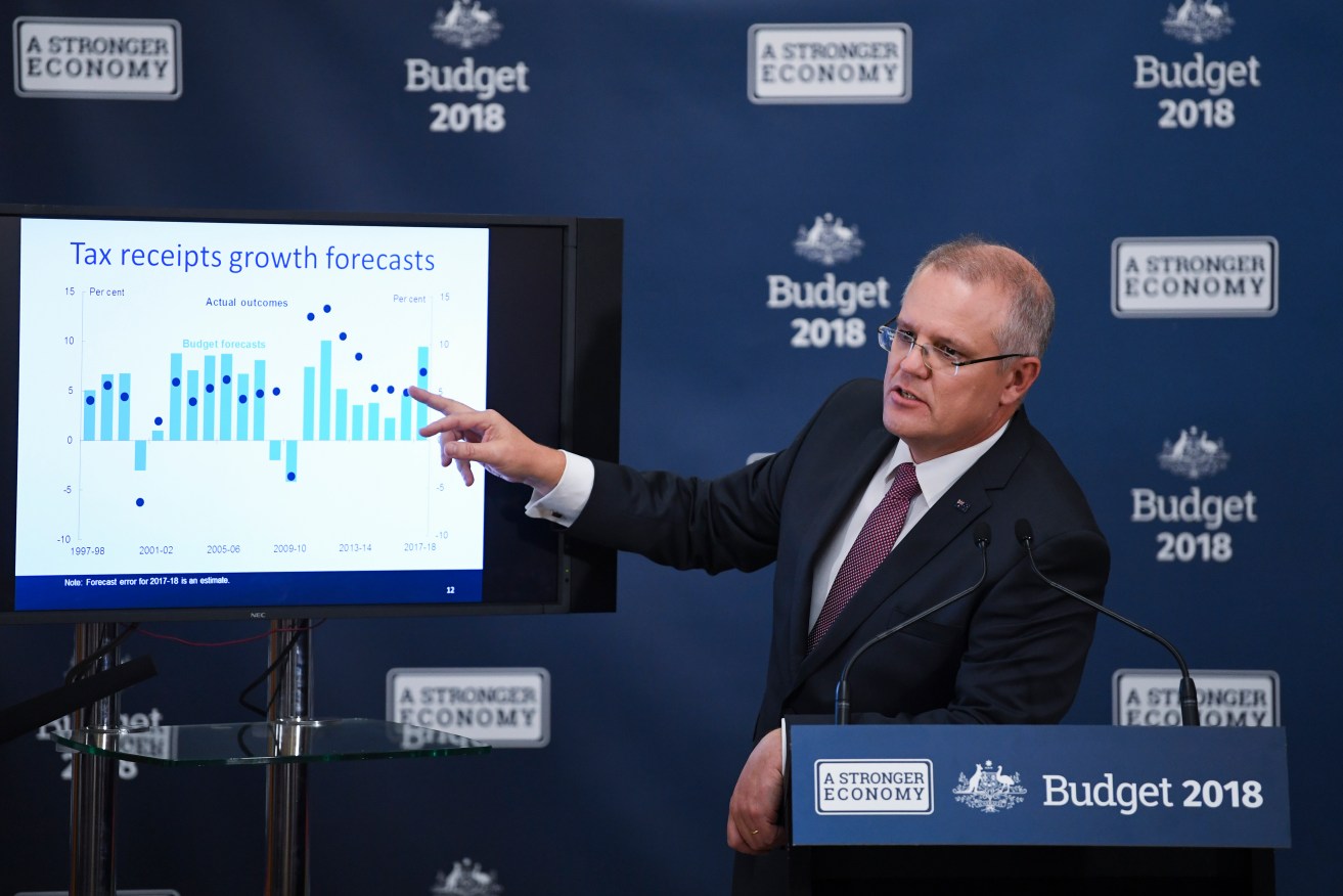 Federal Treasurer Scott Morrison explains a chart to journalists in the budget lockup. Photo: AAP/Lukas Coch