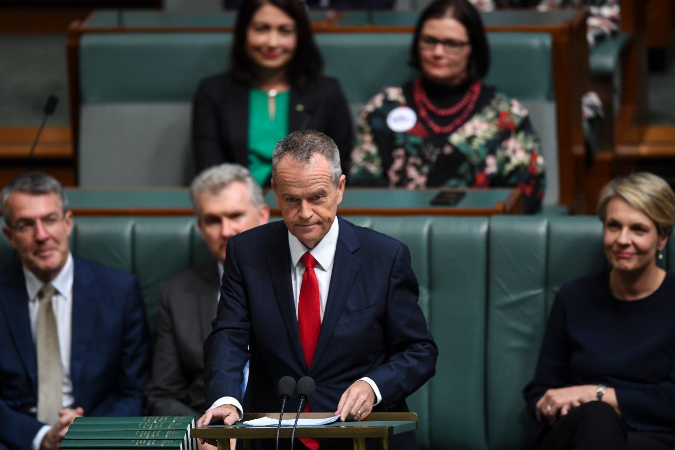 Opposition Leader Bill Shorten delivers his Budget reply speech. Photo: AAP/Lukas Coch