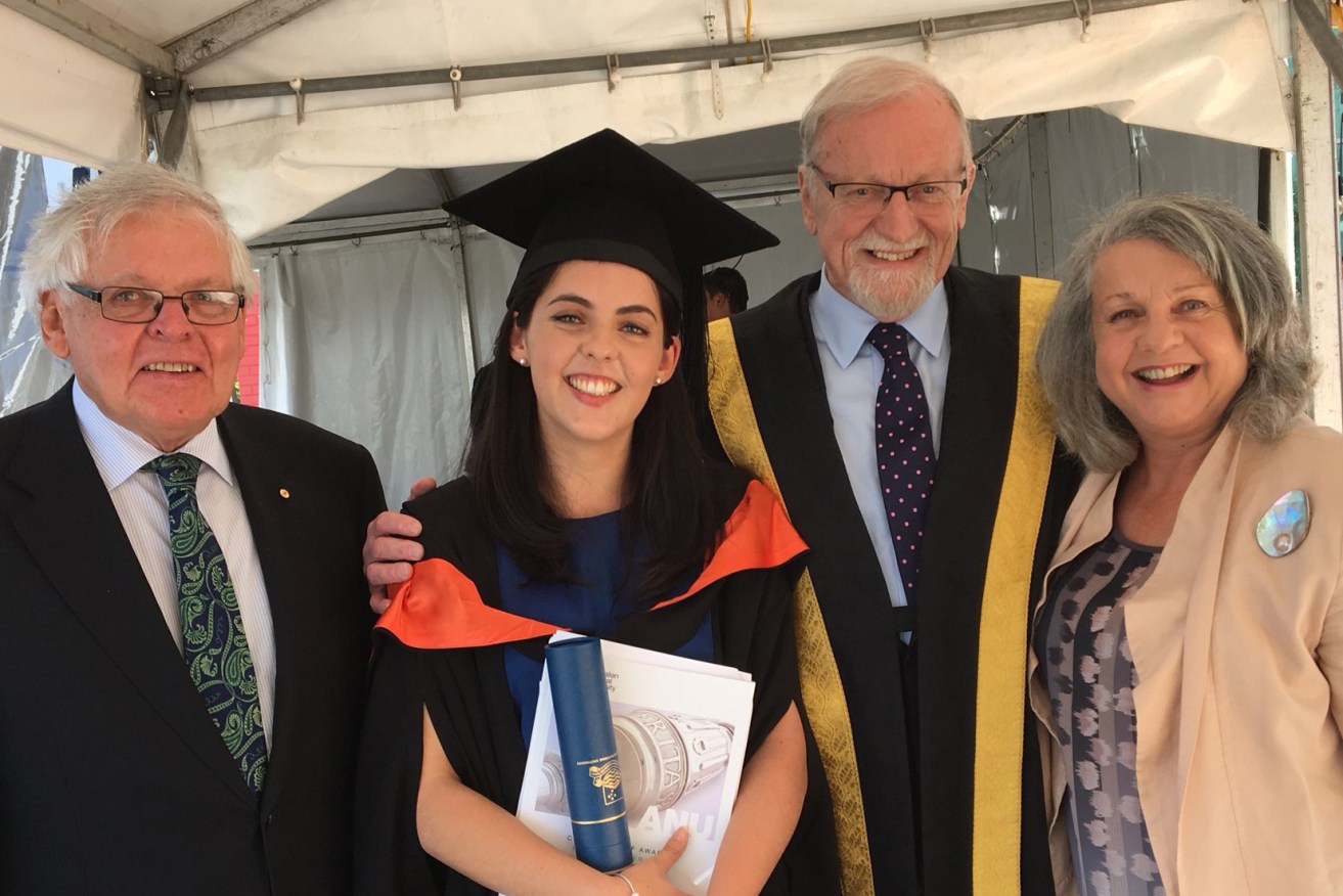 Mayo hopeful Alice Dawkins at her Australian National University graduation last year, flanked by chancellor and former Foreign Minister Gareth Evans, and parents John and Maggie. Photo: Twitter