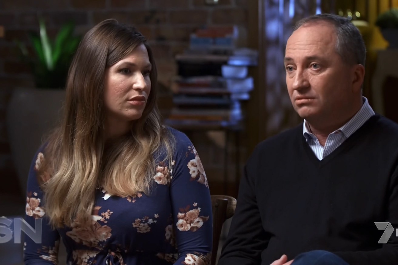 A screen-grab taken from Channel 7's Sunday Night program, featuring an interview with former deputy prime minister Barnaby Joyce and partner Vikki Campion. Photo: AAP/Supplied/Channel 7