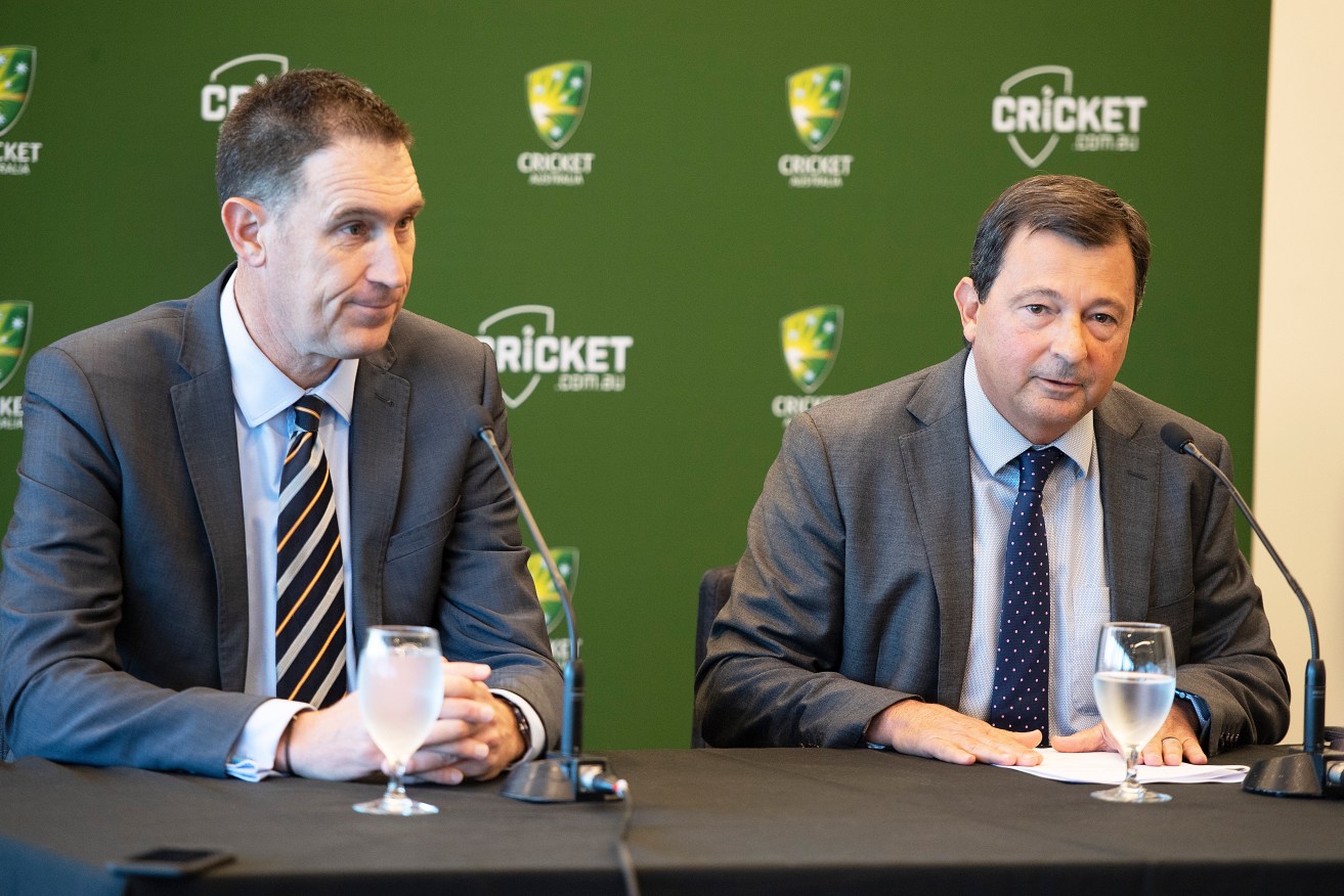 Cricket Australia Chief Executive Officer James Sutherland (left) and chairman David Peever speak to the media today. Photo: AAP/Ellen Smith