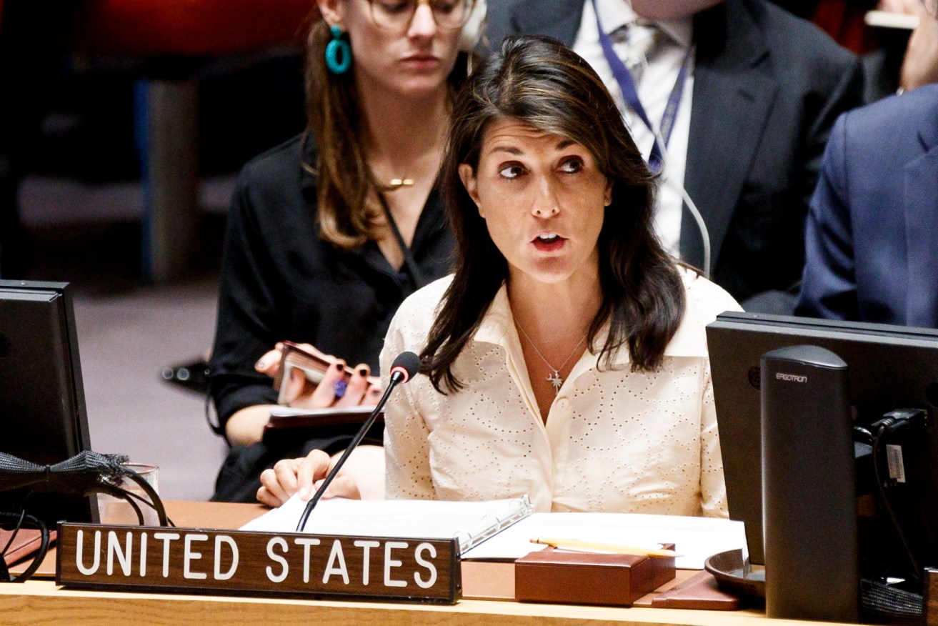 Nikki Haley at a United Nations Security Council meeting. Photo: EPA/Justin Lane