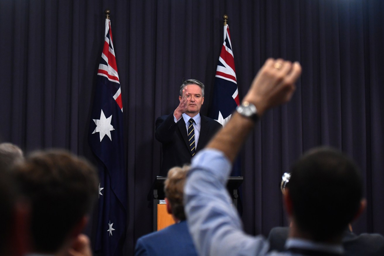 Finance Minister Mathias Cormann at a press conference today. Photo: AAP/Mick Tsikas