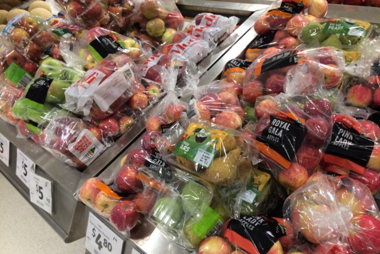 Plastic-wrapped fruit in Coles. Photo: Anna Gregory/Flickr