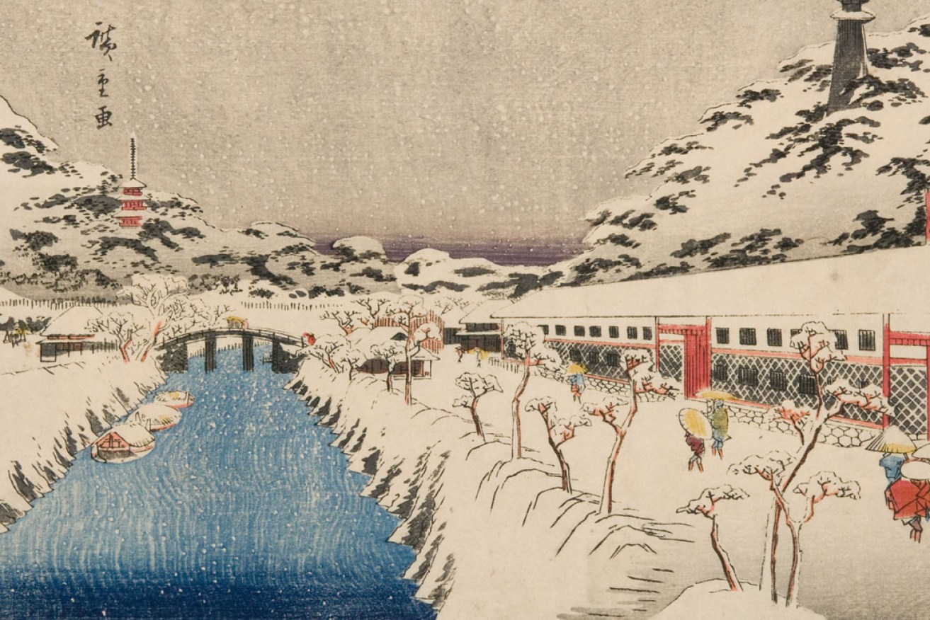 Hiroshige Utagawa's Snow at Akabane in the Shiba (cropped).