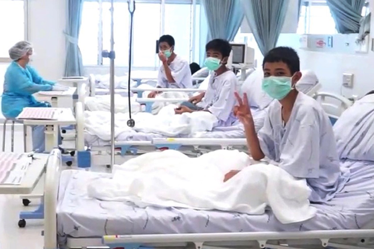 The first pictures of Thai boys, in a Chiang Rai hospital, after their cave rescue. Photo: EPA/PRD/Supplied