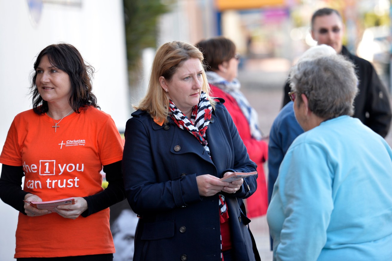 Centre Alliance candidate  Rebekha Sharkie campaigning at a pre-poll booth in Victor Harbor. Photo: AAP/David Mariuz