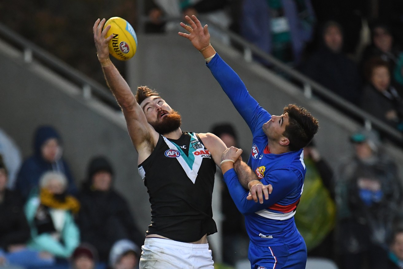 Port Adelaide's Charlie Dixon competes with Marcus Adams in the Ballarat gloom. Photo: AAP/Julian Smith