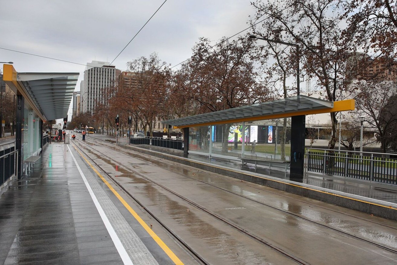 The tram stop outside of the Festival Centre looks the same this morning as it will every weekday when the new tram services start - empty. Photo: Tony Lewis / InDaily