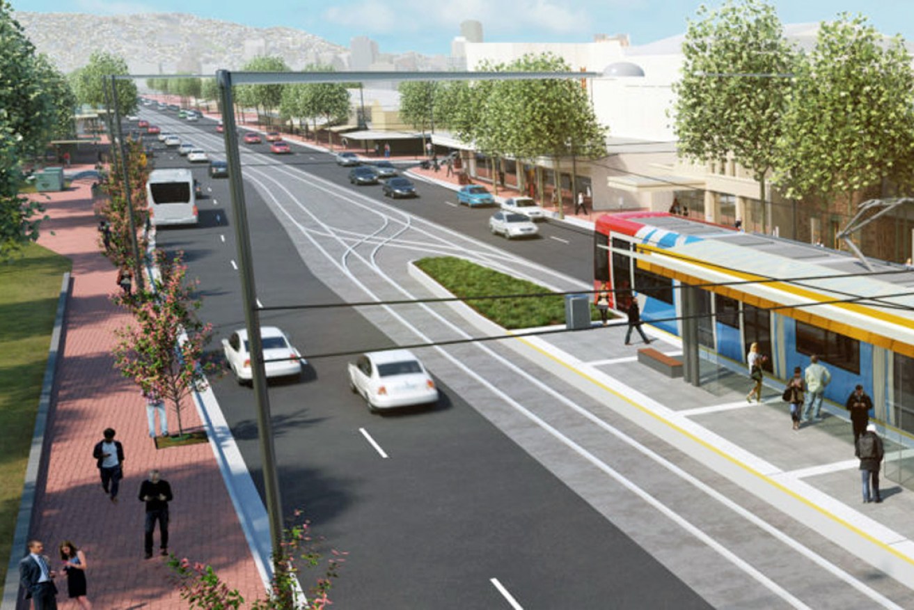 A rendering of the North Adelaide tram extension proposed by the former Labor Government. The new Liberal Government will have Infrastructure SA assess an extension to North Adelaide before committing to it.