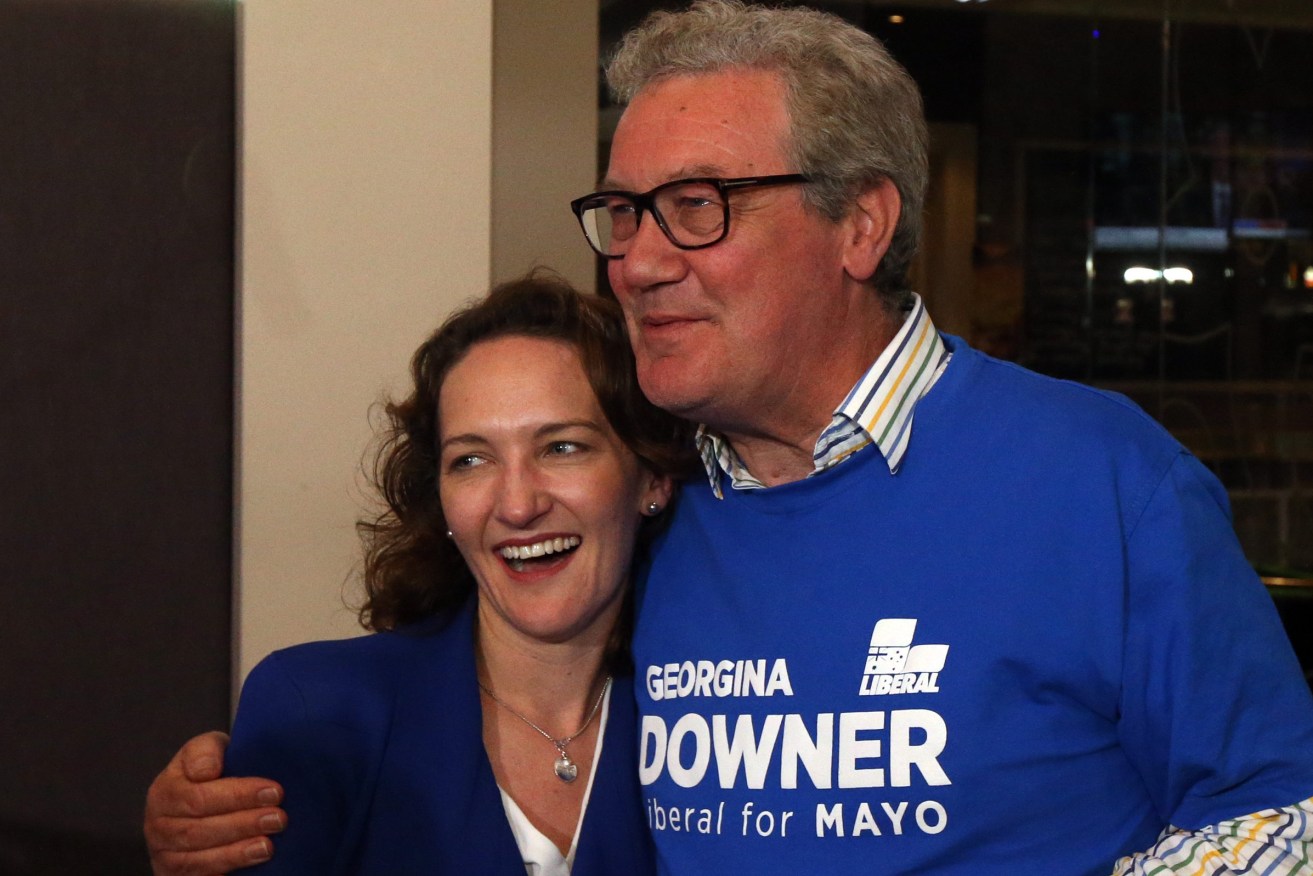 Georgina Downer with father Alexander on the night of last month's Mayo by-election. Photo: Kelly Barnes / AAP