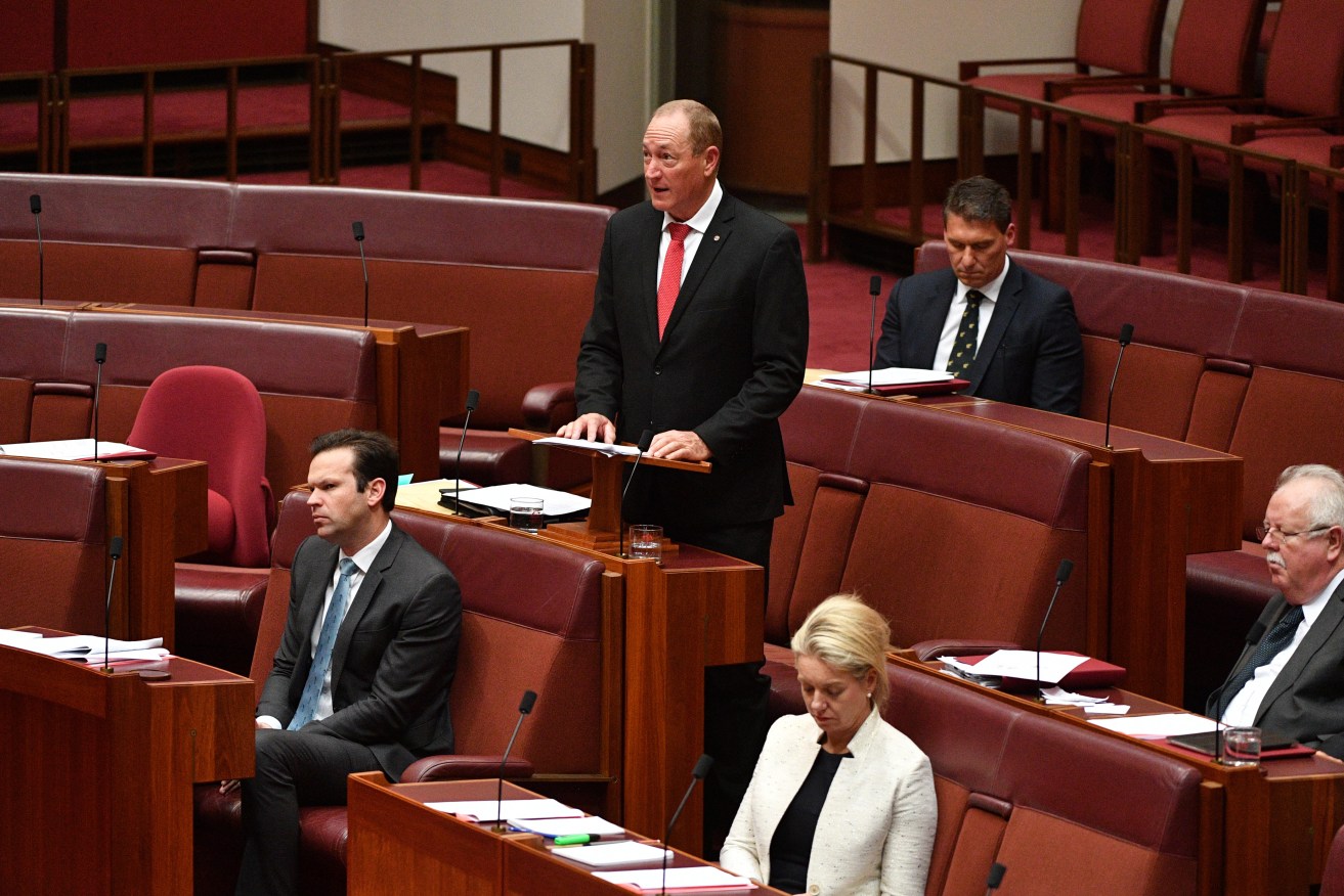 Katter's Australian Party Senator Fraser Anning (centre) makes his maiden speech in the Senate. Photo: AAP/Mick Tsikas