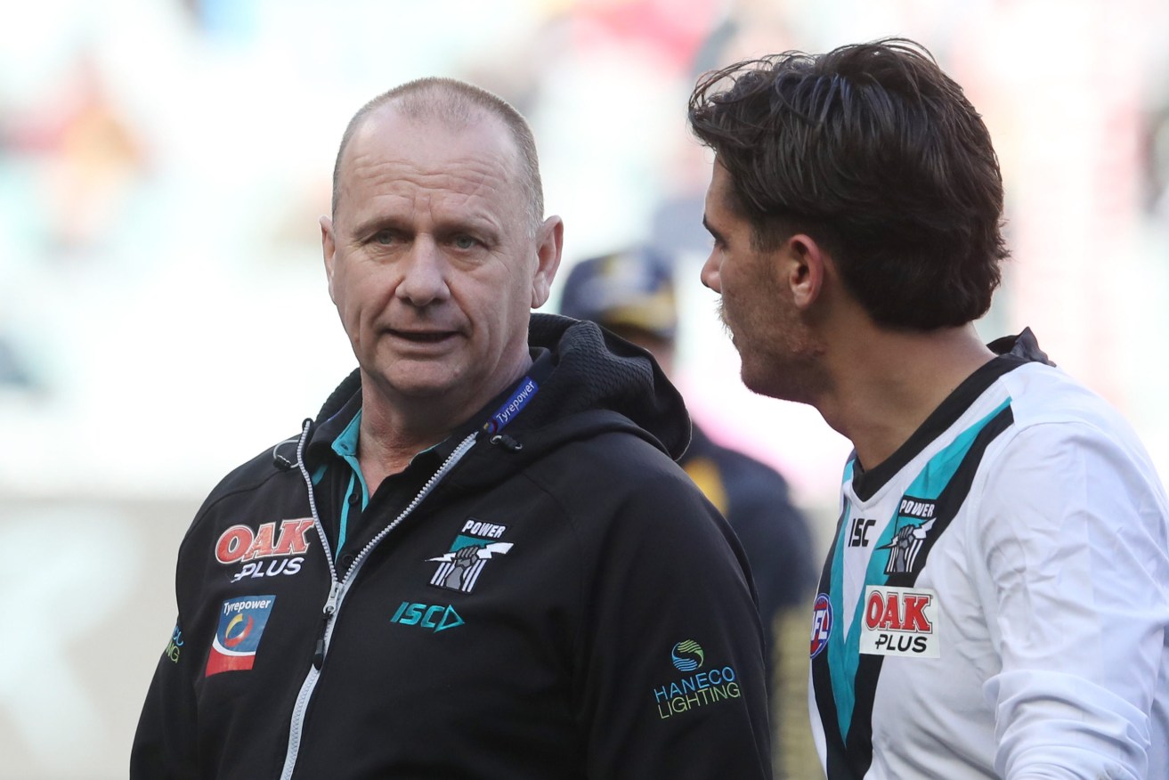 Ken Hinkley during Port Adelaide's loss to Collingwood at the MCG on Saturday. Photo: AAP/David Crosling