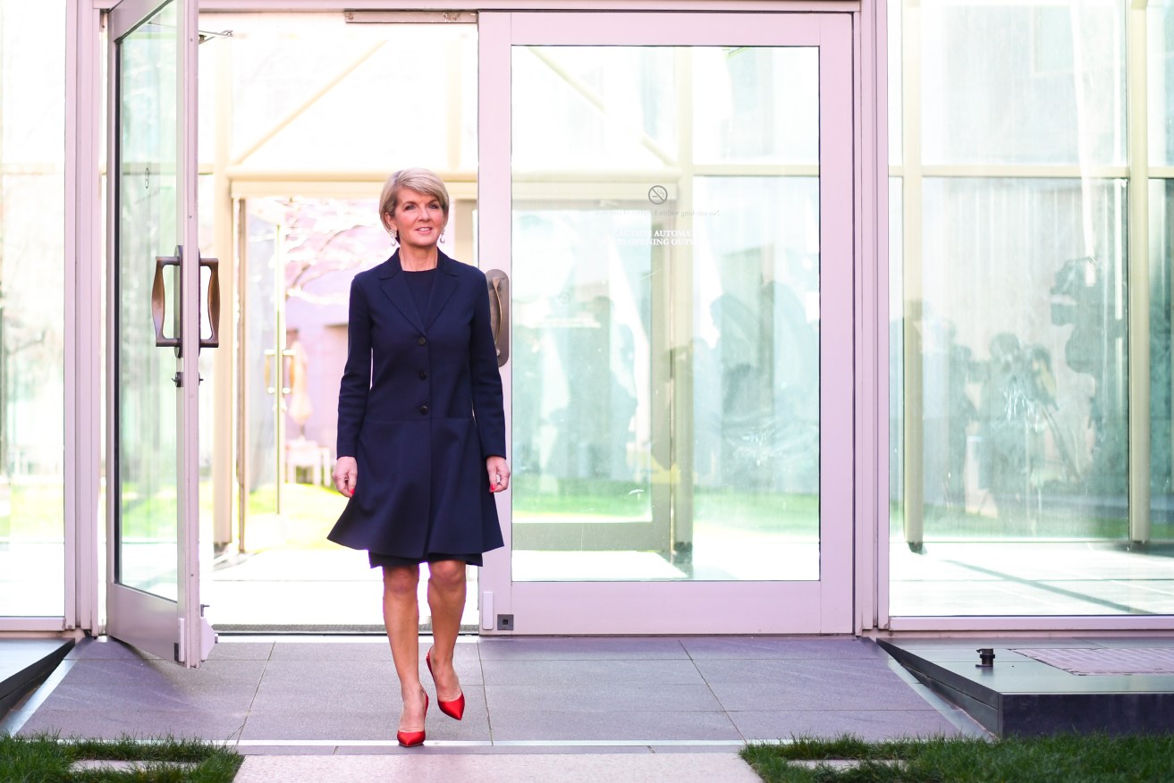 Julie Bishop arrives at her farewell press conference as Foreign Minister in Canberra. Photo: AAP/Lukas Coch
