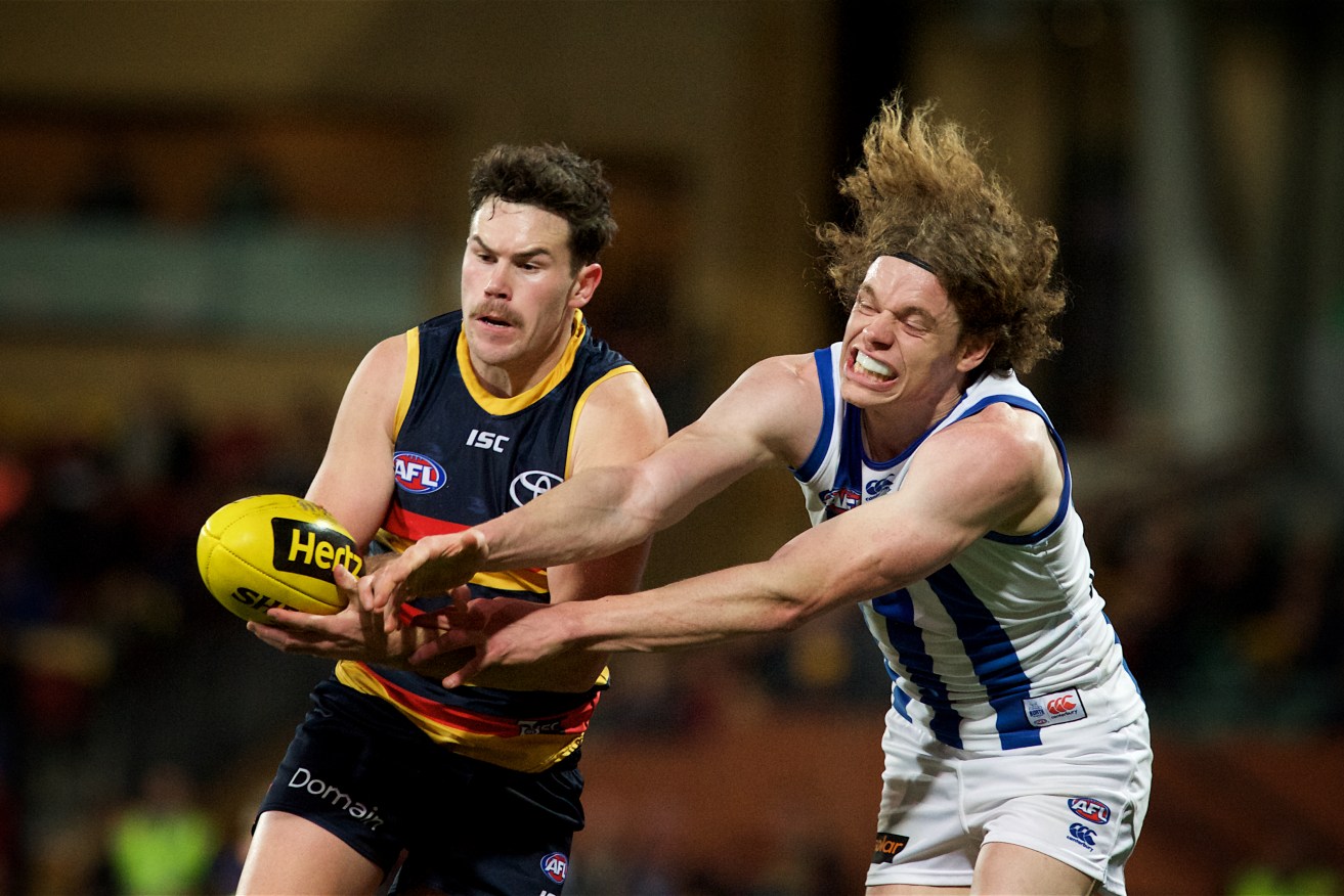 Taylor Walker says he doesn't know why Mitch McGovern (left) wants to leave the Crows. Photo: Michael Errey/InDaily