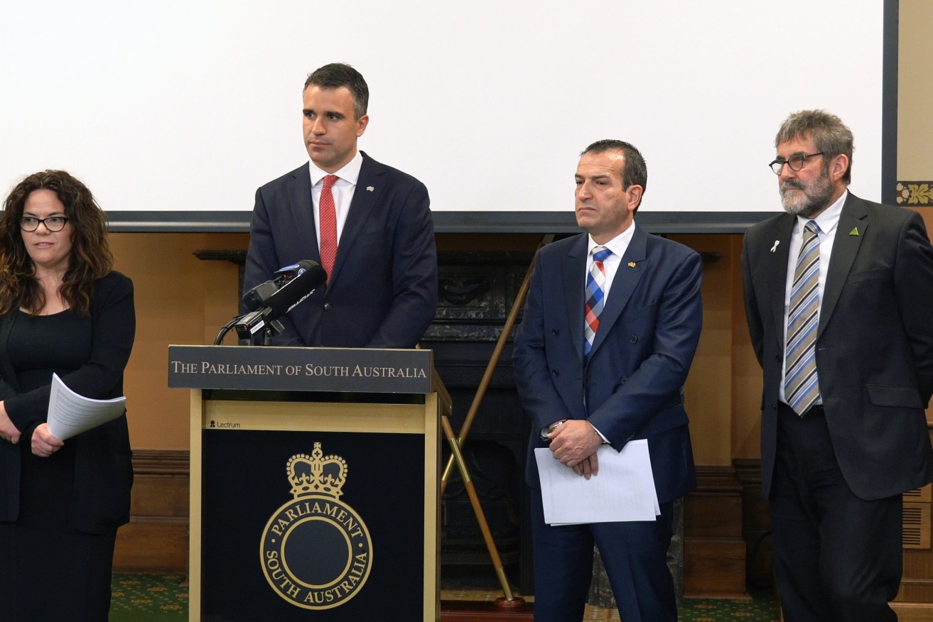Labor leader Peter Malinauskas addresses media today flanked by SA Best MLC Connie Bonaros, shadow minister Tony Piccolo and Greens MLC Mark Parnell. 