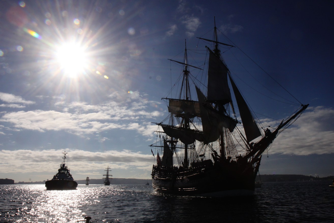 A replica of Captain Cook's ship HM Bark Endeavour arrives in Sydney Harbour in 2012.  Photo: AAP/April Fonti
