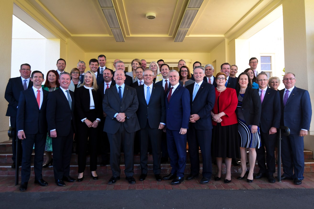 Prime Minister Scott Morrison and his ministry. Photo: AAP/Lukas Coch