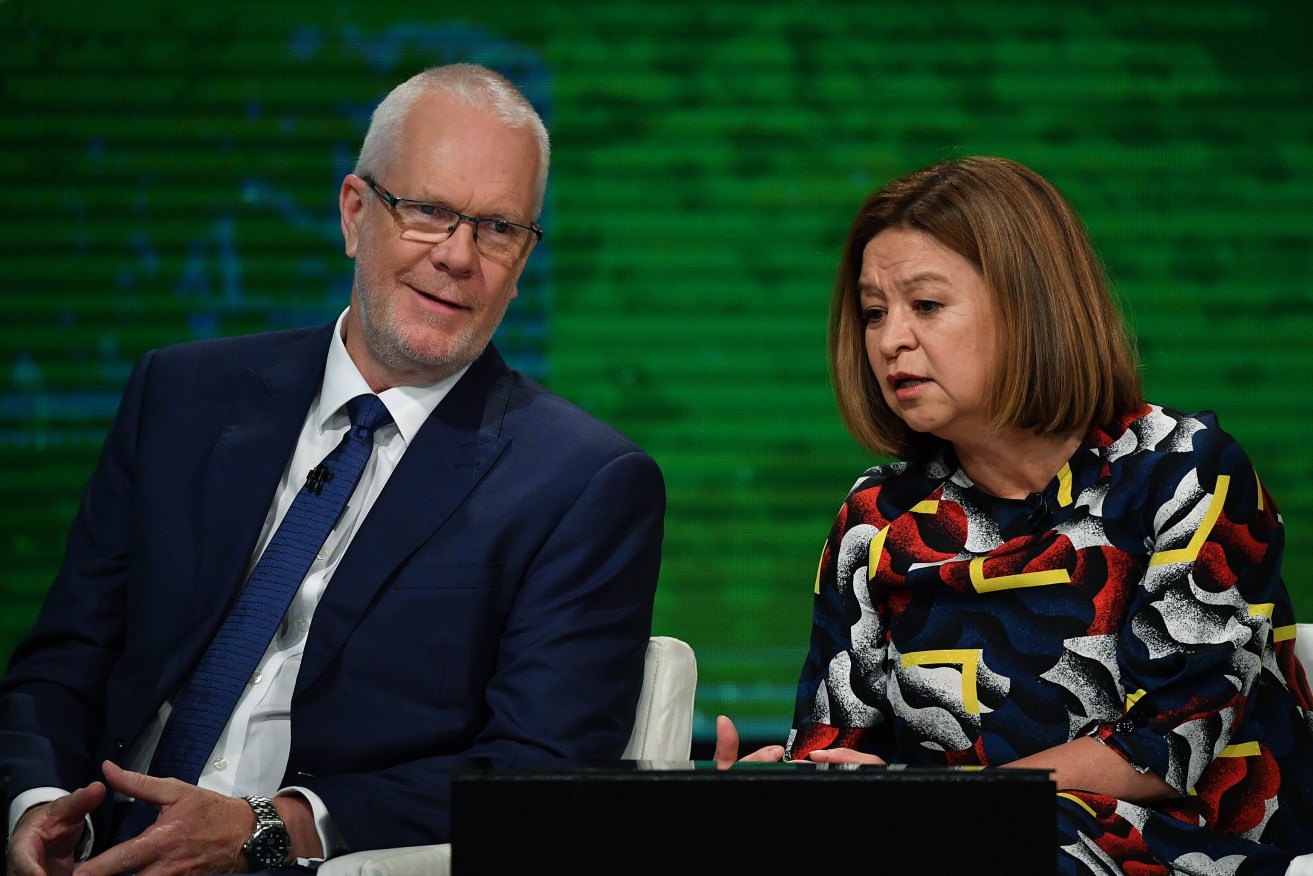 ABC chairman Justin Milne with then managing director Michelle Guthrie at the ABC Annual Public Meeting in February. Photo: AAP/Joel Carrett